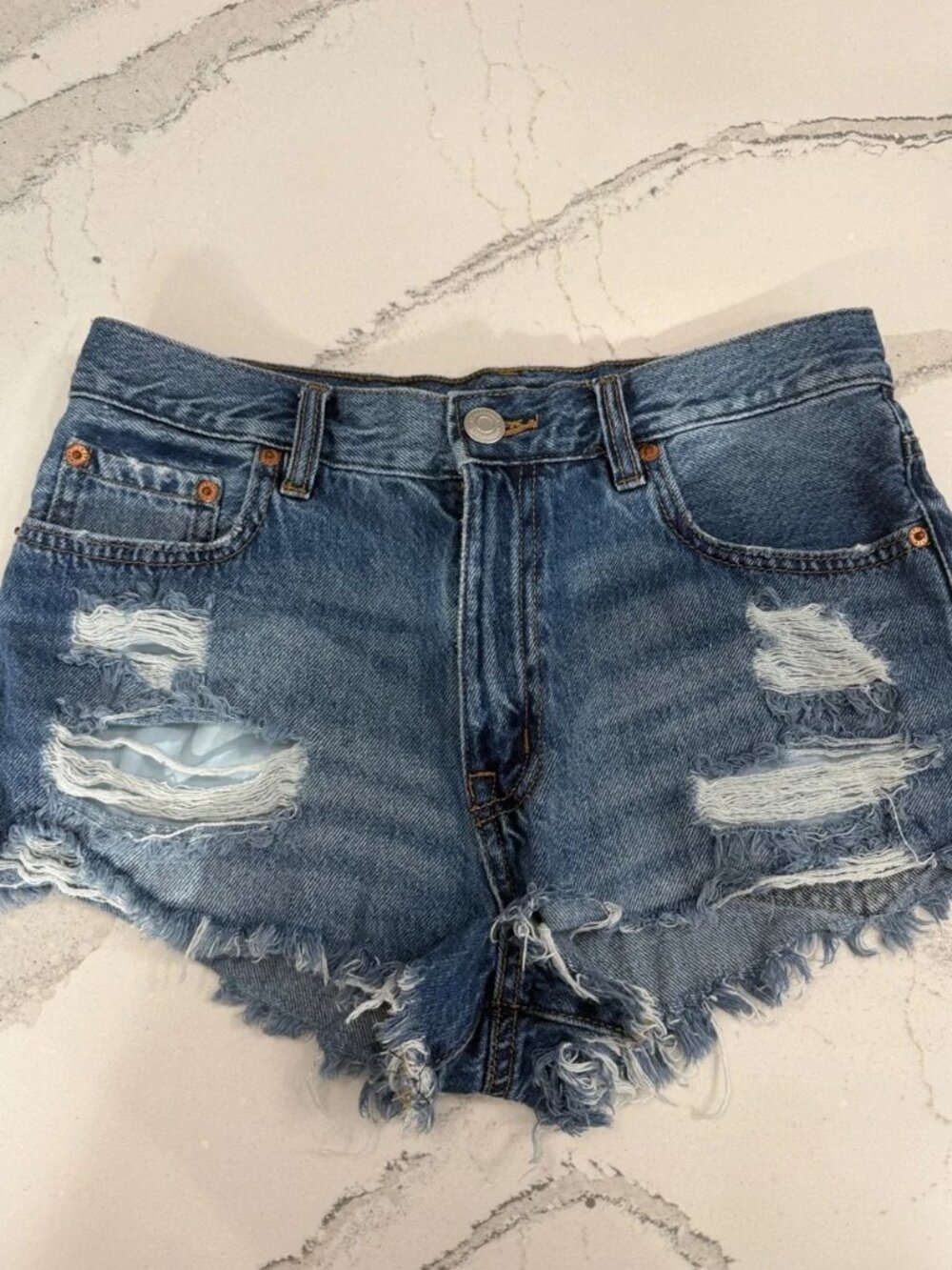 Aeropostale Vintage High Rise Shorty Women's Blue Distressed Jean Shorts Size 4